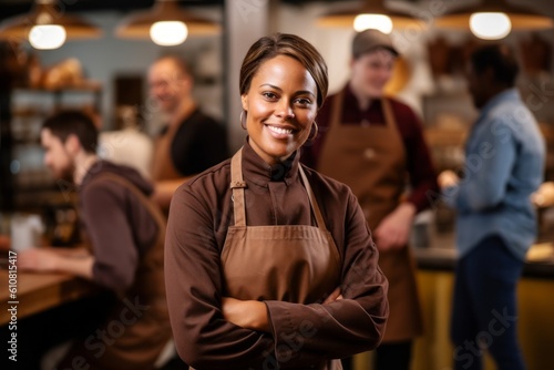 Portrait of smiling female staff standing with arms crossed in coffee shop