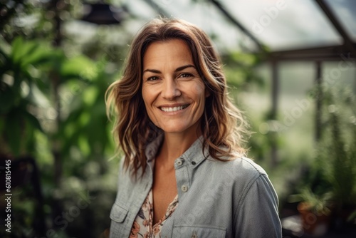 Portrait of smiling businesswoman standing in greenhouse and looking at camera