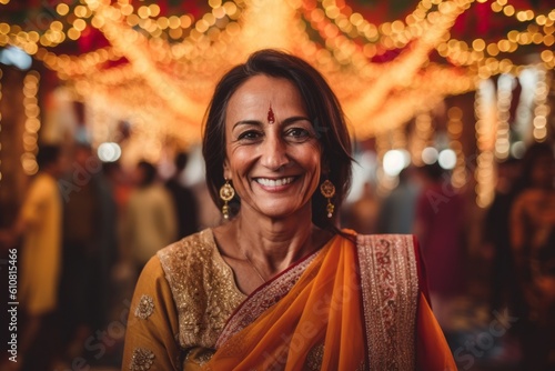 Portrait of smiling middle aged Indian woman wearing saree and orange sari
