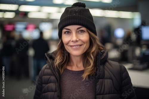 Portrait of smiling woman in winter clothes in a shopping center.