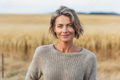 Medium shot portrait photography of a satisfied woman in her 40s that is wearing a cozy sweater against a field or meadow background .  Generative AI