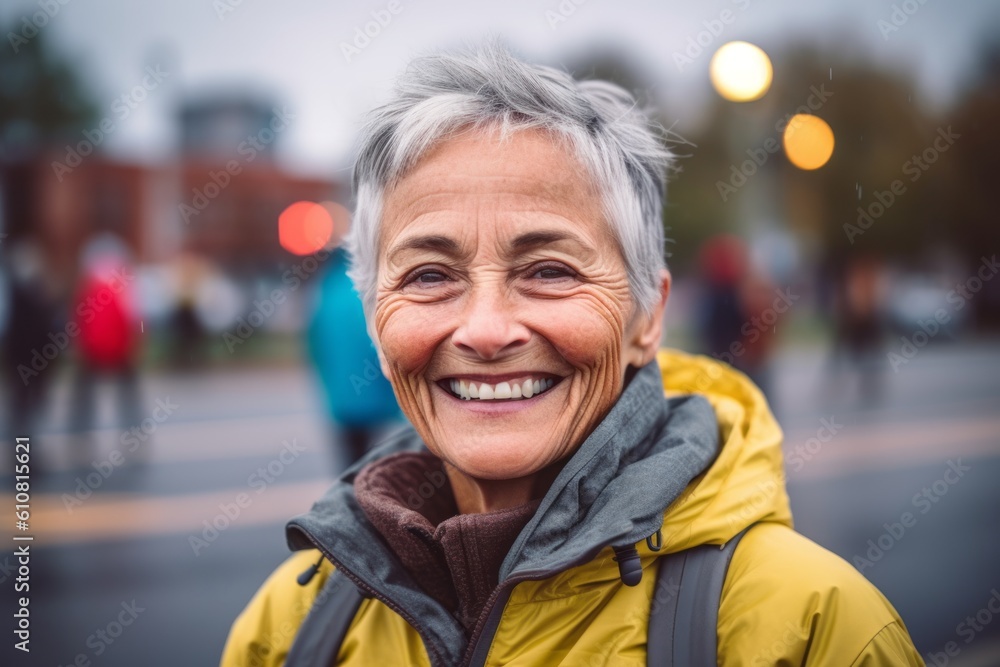 Portrait of smiling senior woman in city street. Mature woman with grey hair. Portrait of smiling senior woman in city street. Mature woman with grey hair.