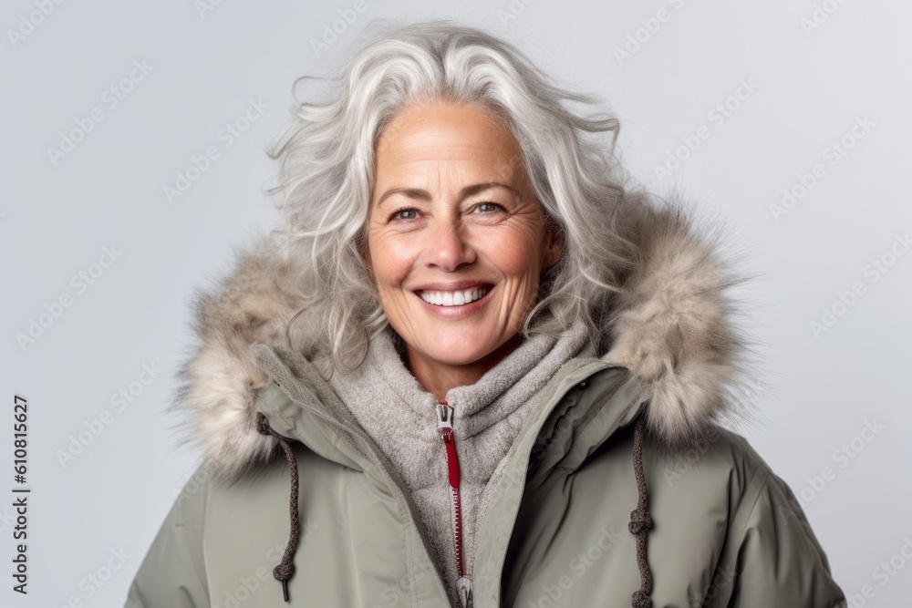 Portrait of a happy senior woman in winter jacket on grey background Portrait of a happy senior woman in winter jacket on grey background