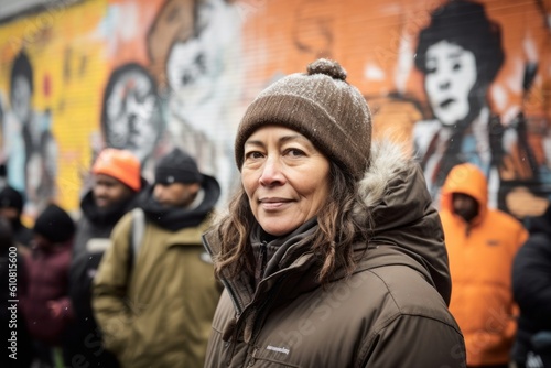 Medium shot portrait photography of a satisfied woman in her 50s that is wearing a warm parka against an urban street art mural with a crowd gathered background . Generative AI