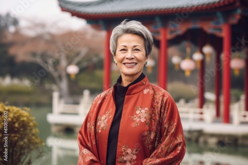 Portrait of happy asian senior woman in traditional cheongsam