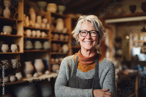 Portrait of smiling mature woman standing in pottery workshop and looking at camera