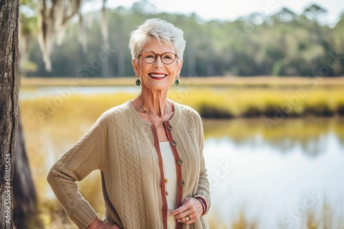 Portrait of happy senior woman with glasses standing near lake in park