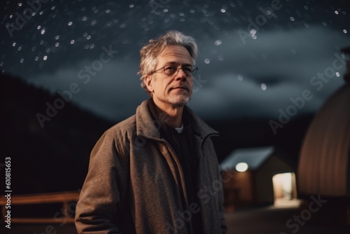 Portrait of a senior man in winter coat standing outdoors at night.