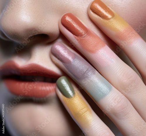 A young female model poses with a new  very colorful make-up  with her fingers painted in pastel shades. Ai generated.