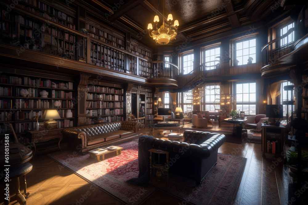 Illustration of a beautiful home library. Generative AI. Illustration of a beautiful home library. Generative AI.
