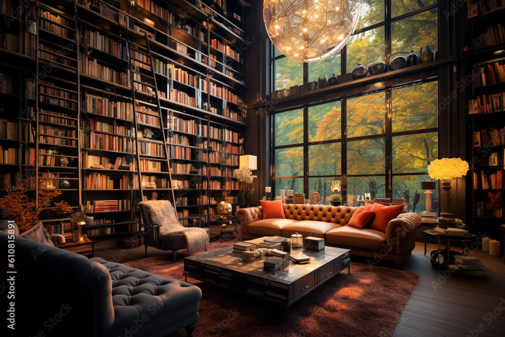 Illustration of a beautiful home library. Generative AI. 