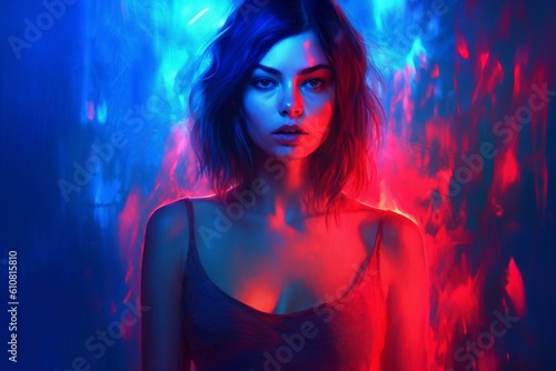 Illustration of a sexy woman wrapped in neon lights and spilled paint. Ai generated.