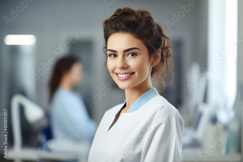 Confident young female nurse radiates professionalism and care, with a defocused clinic backdrop. AI Generated.