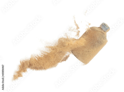 Cosmetic container white bottle fly splashing in mid air. Moisturizer lotion cream bottle explosion flying with sand powder dust under dry sun. White background isolated high speed shutter freeze © Jade