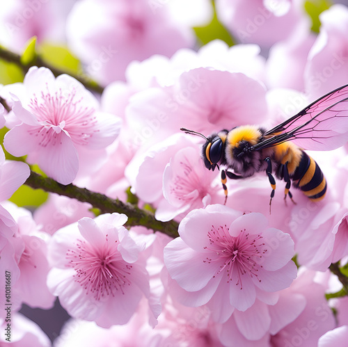 Close Up of Cherry Blossoms Pink Flowers and a Single Bee Generative AI © Fern Liz