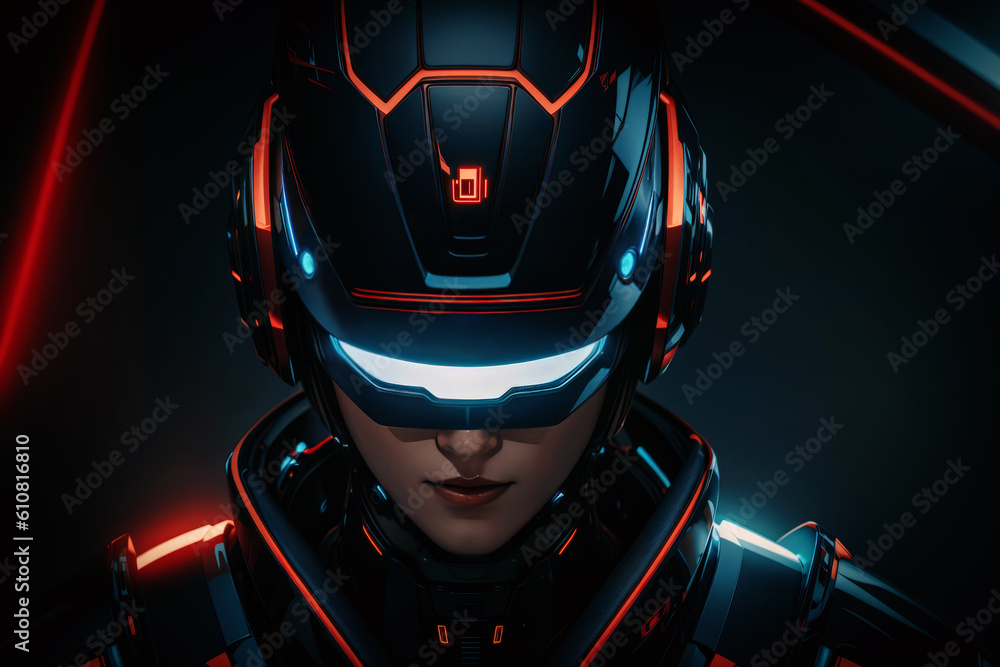 Portrait of cyborg woman from the future with red lights on her helmet, an illustration of Generative AI Portrait of cyborg woman from the future with red lights on her helmet, an illustration of Generative AI