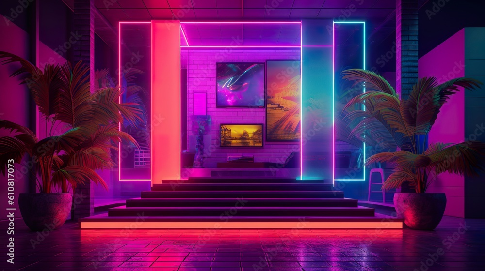 Contemporary modern art installation Synthwave 80s (ai generate) Stock