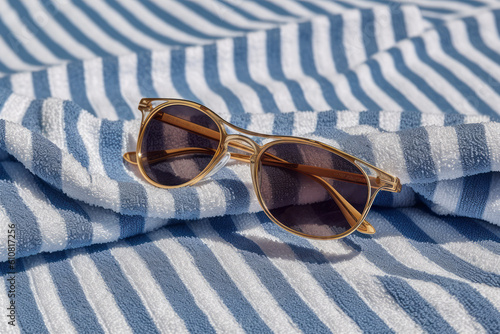 sunglasses on the beach with blue and white towel