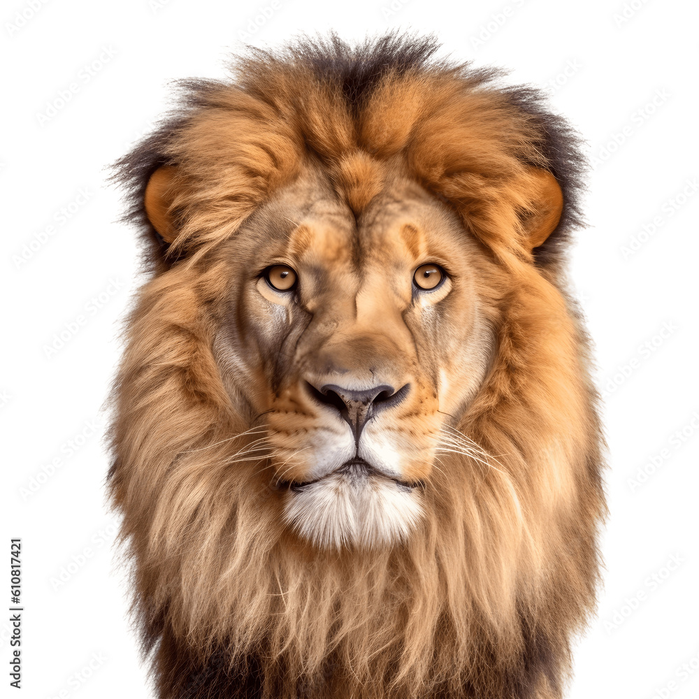 Lion face shot isolated on white background, Transparent cutout