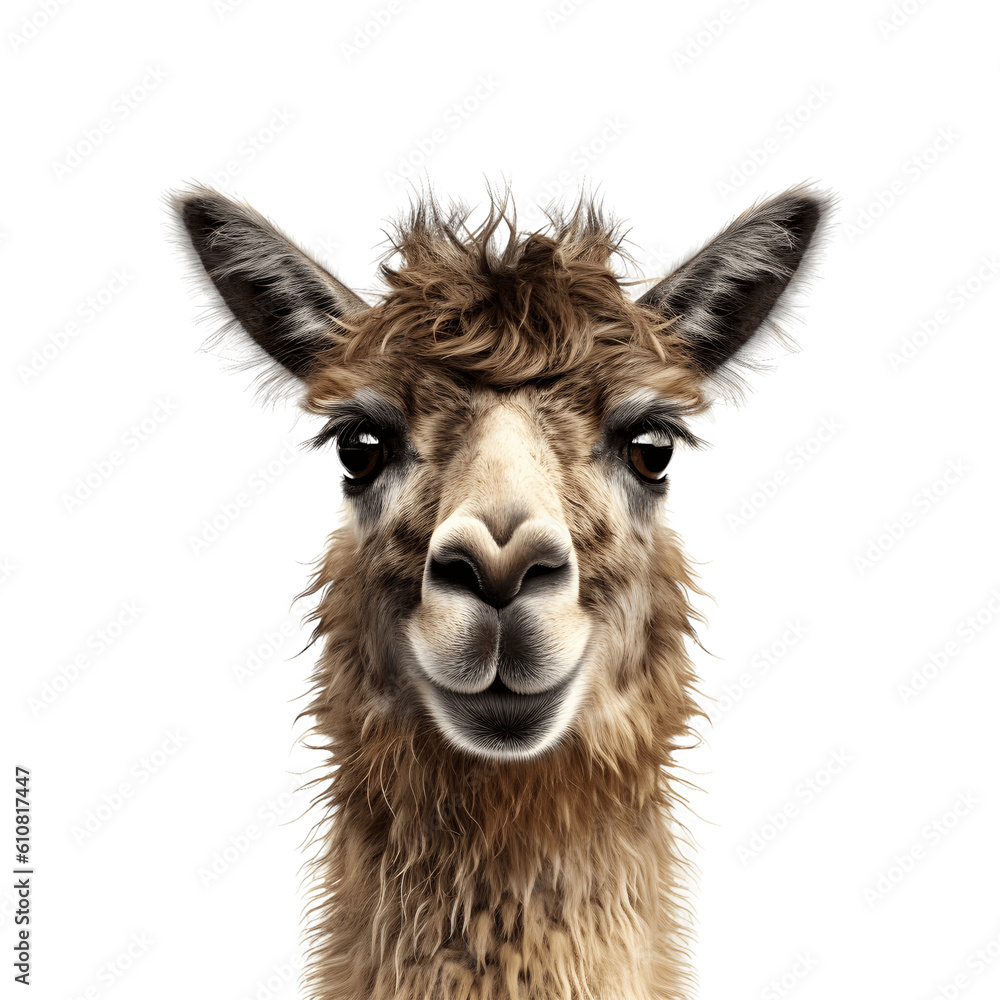 Close up of a llama face shot isolated on white background, Transparent cutout