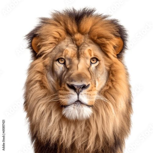Lion face shot isolated on white background, Transparent cutout