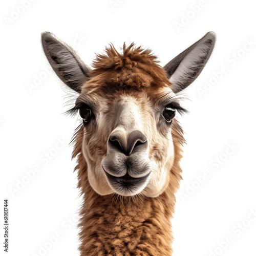 Close up of a llama face shot isolated on white background, Transparent cutout © The Stock Guy