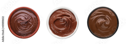 Yummy chocolate paste in bowls on white background, top view. Collage design