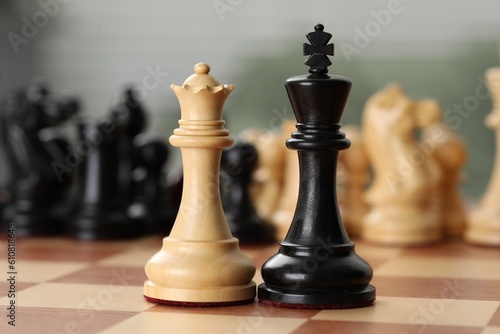 White wooden queen and black king on chess board, closeup