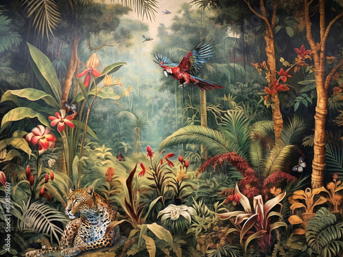 Fotografie, Tablou wallpaper jungle and leaves tropical forest mural parrot and birds butterflies o