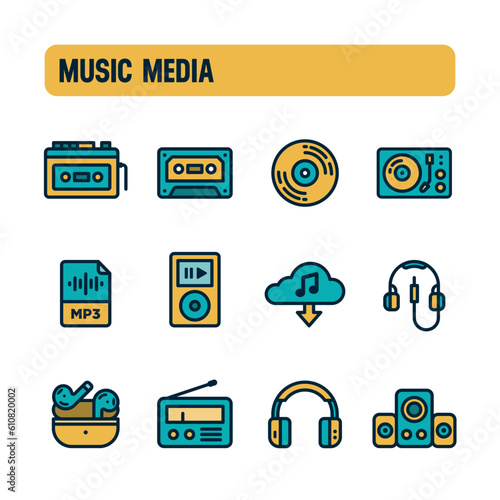 Music media icons. Music player vector set. Color icon design. Cassette, Vinyl, Mp3.