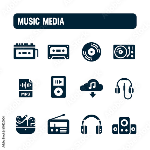 Music media icons. Music player vector set. Filled icon design. Cassette, Vinyl, Mp3.