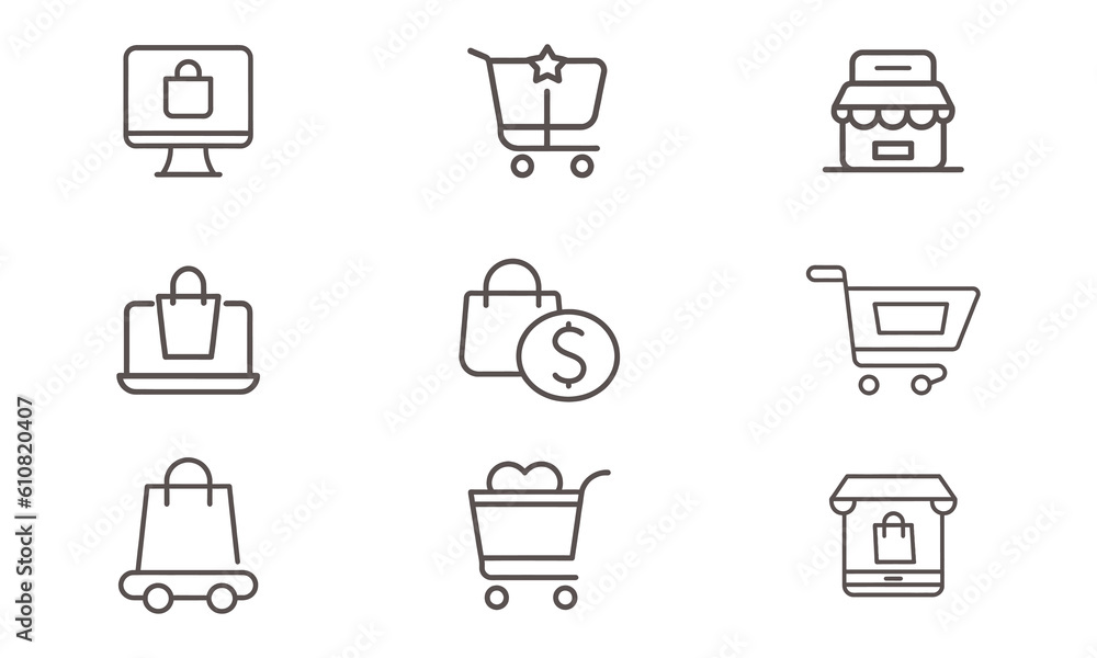 Online shopping line icon set, e-commerce icons set vector design