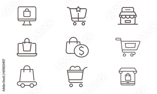 Online shopping line icon set, e-commerce icons set vector design