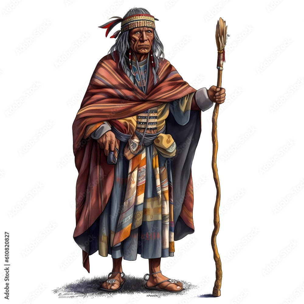 Generative AI Clipart of Indigenous Inca man, wearing simple robes , old shaman with wisdom and staff