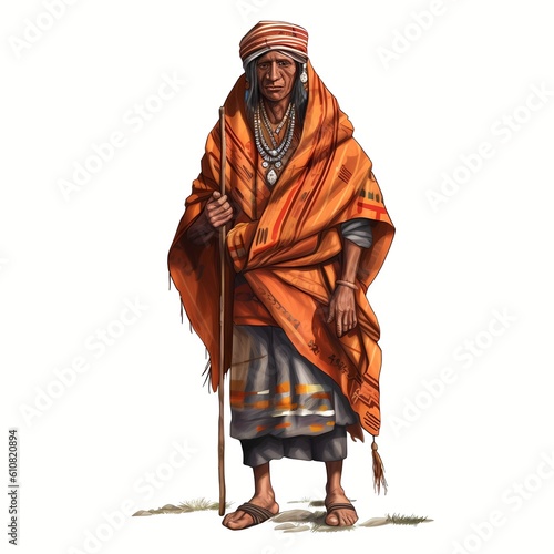 Generative AI Clipart of Indigenous Inca man, wearing simple robes, indigenous traveling man looking for a nickel
