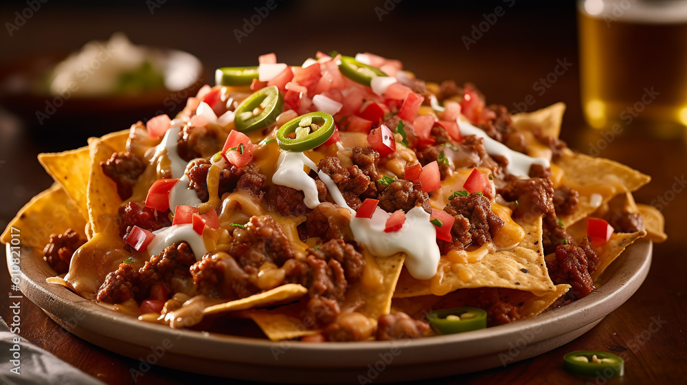 A mouthwatering plate of loaded nachos, layered with crispy tortilla chips, melted cheese