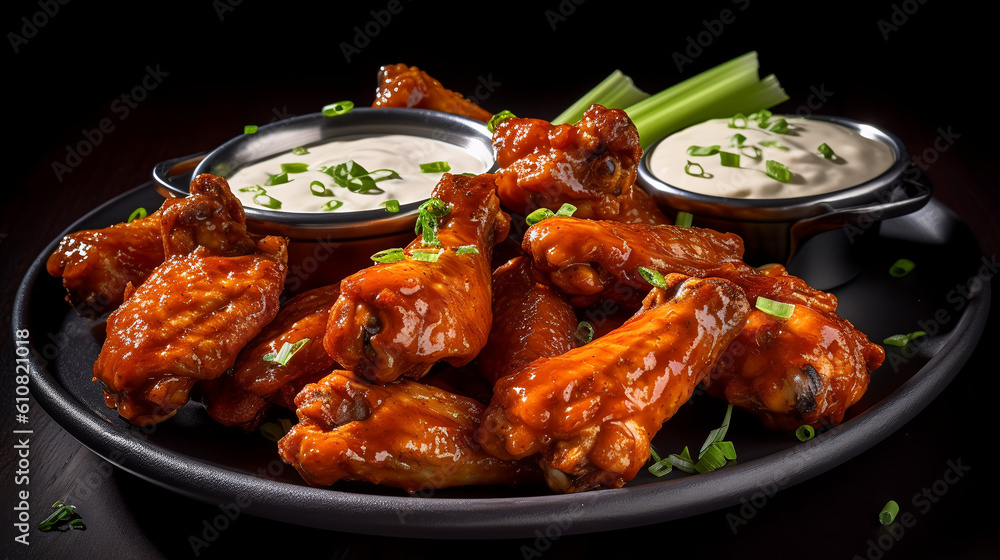 A plate of mouthwatering chicken wings, coated in a sticky honey barbecue glaze, with a side of creamy ranch dressing and celery sticks, generative ai A plate of mouthwatering chicken wings, coated in a sticky honey barbecue glaze, with a side of creamy ranch dressing and celery sticks, generative ai