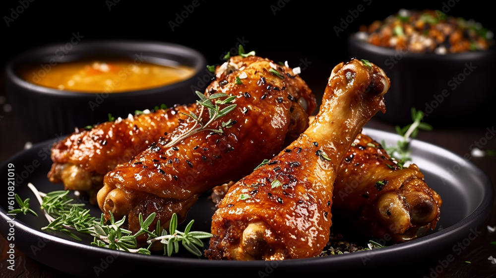 A plate of crispy chicken drumsticks, seasoned with aromatic herbs and spices, served with a side of honey mustard dipping sauce, generative ai A plate of crispy chicken drumsticks, seasoned with aromatic herbs and spices, served with a side of honey mustard dipping sauce, generative ai