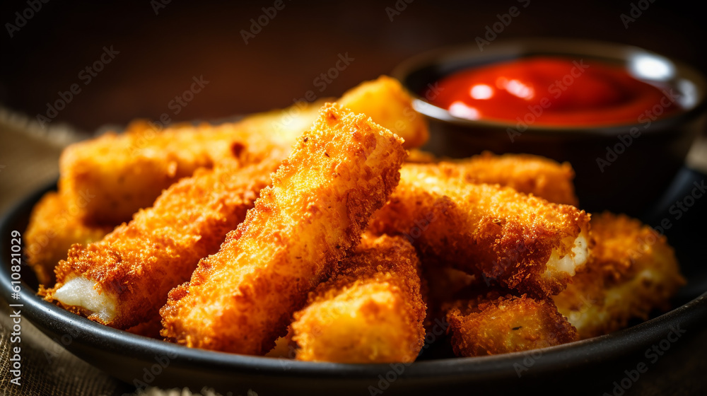 Fototapeta premium A platter of crispy mozzarella sticks, with a golden - brown breadcrumb coating, served with a tangy marinara sauce for dipping, generative ai