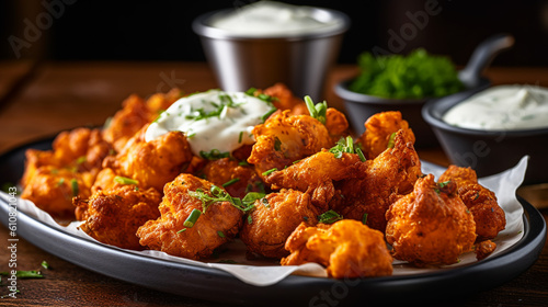 A platter of tangy buffalo cauliflower bites, coated in a crispy batter and served with a side of cool ranch dressing, generative ai