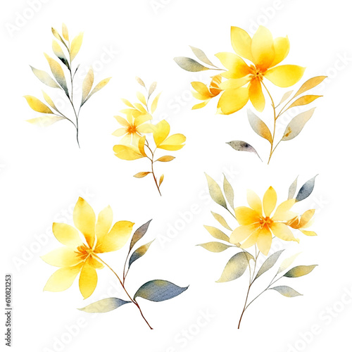 Set of yellow gold floral watecolor. flowers and leaves. Floral poster  invitation floral. Vector arrangements for greeting card or invitation design 
