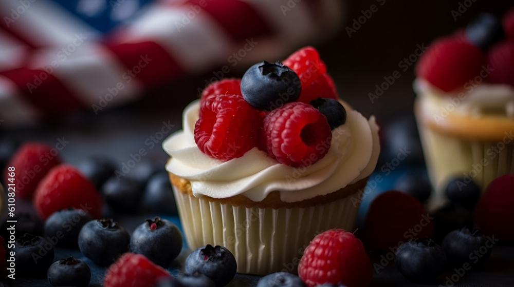 cupcakes with patriotic american flags decoration on dark background with copy space . Generative AI. cupcakes with patriotic american flags decoration on dark background with copy space . Generative AI.