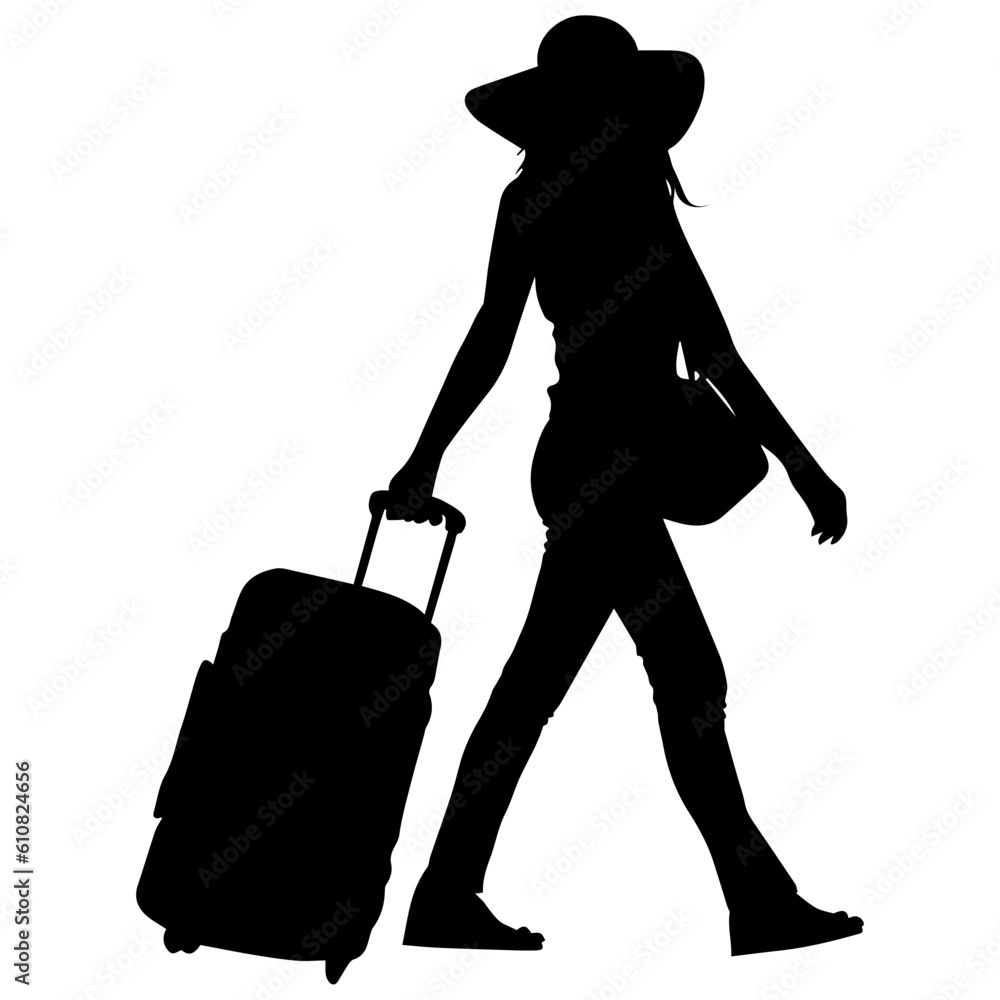 Vector illustration. Silhouette of a woman traveler with a suitcase. Vector illustration. Silhouette of a woman traveler with a suitcase.