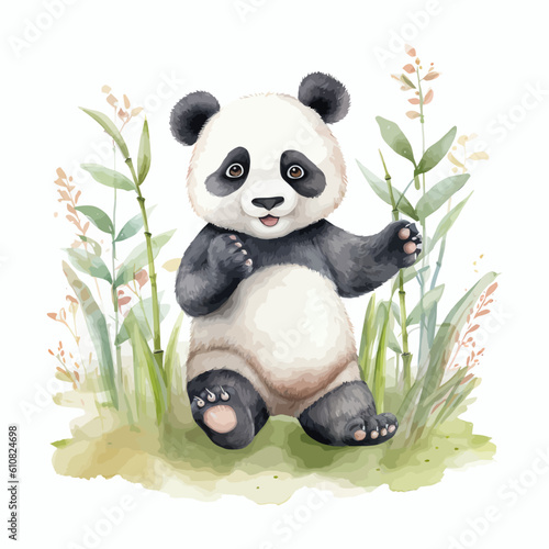 Cute baby panda cartoon in watercolor style