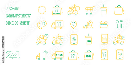 Food delivery icon set テイクアウトや食べ物のデリバリーなどに関するアイコン
