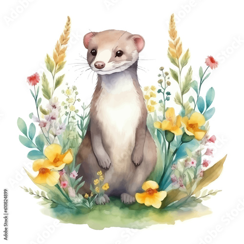 Cute weasel cartoon in watercolor style