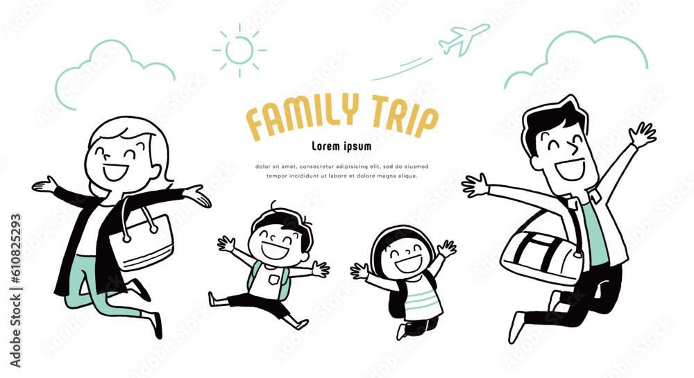ベクターイラスト素材：旅行に行く4人家族
