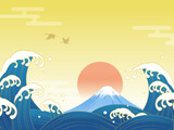 波と富士山と日の出の和風背景_ベクターイラスト
