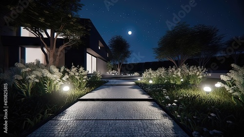 Illuminated Elegance: Modern Minimalistic Night Garden and Pathway 2. Generative AI © NormanBalberan