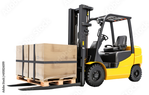 The forklift truck is lifting a pallet with cardboard boxes isolated. Generative AI.